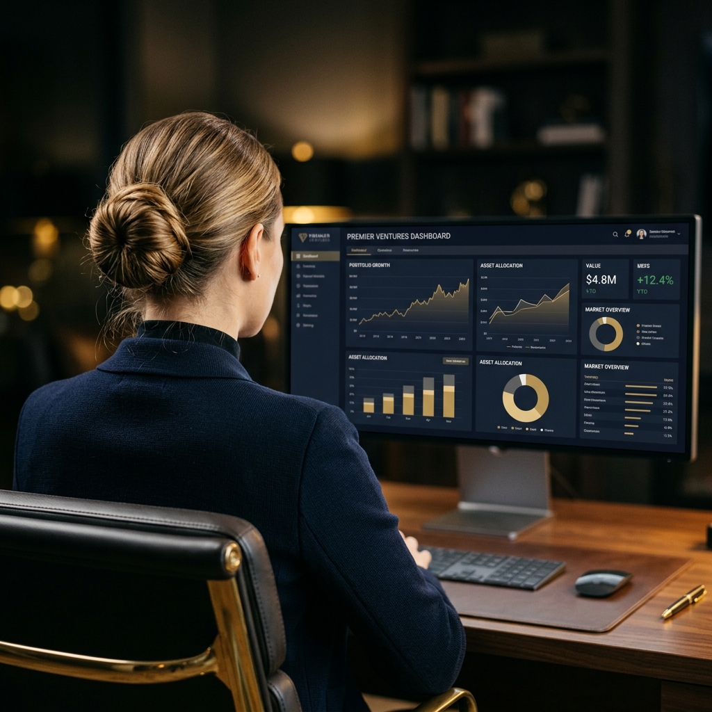 Profissional de costas analisando relatórios em um painel financeiro digital em tela ultrawide