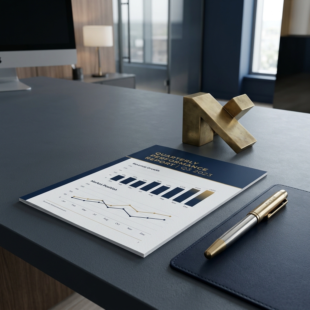 Mesa de escritório premium com relatório financeiro e caneta dourada
